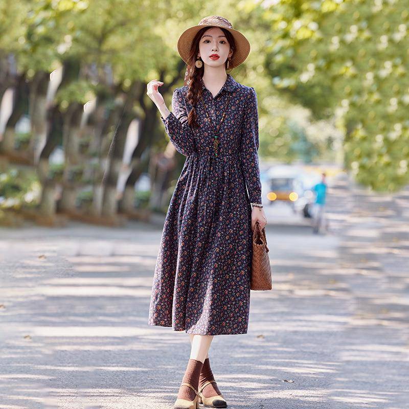 02Y4秋新2款女装收腰打底裙中长款文艺复古系带碎花时尚连衣SY800