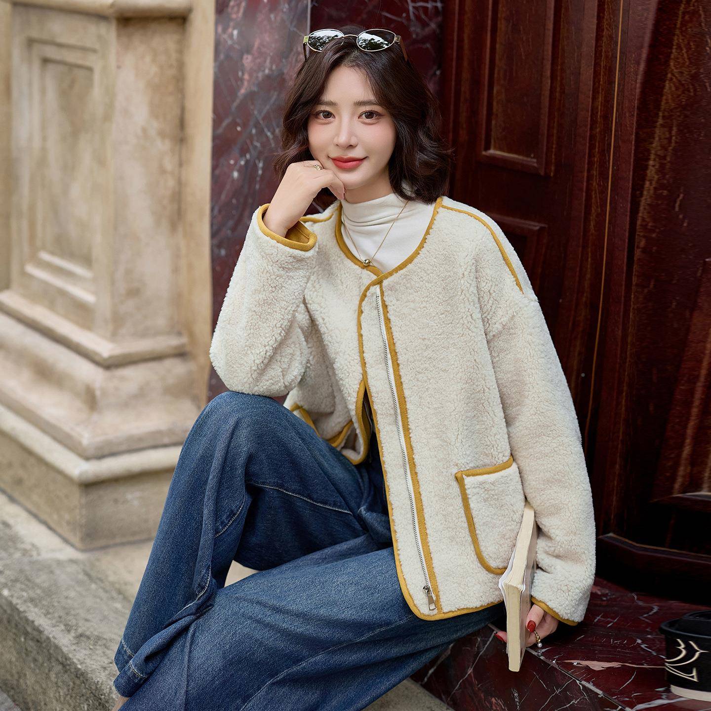 2025冬季套新款小香风羊羔毛外套圆领皮毛MM2681-1一体M时尚百搭