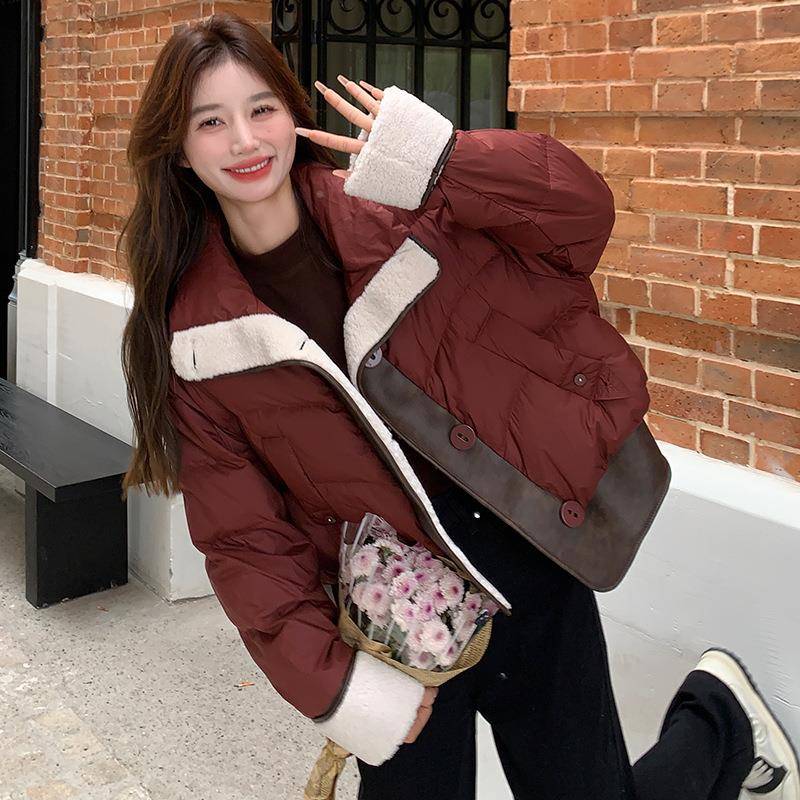 P皮拼接羽绒服女绒冬季2025款新款韩版宽松2D120-M1小个子短90白