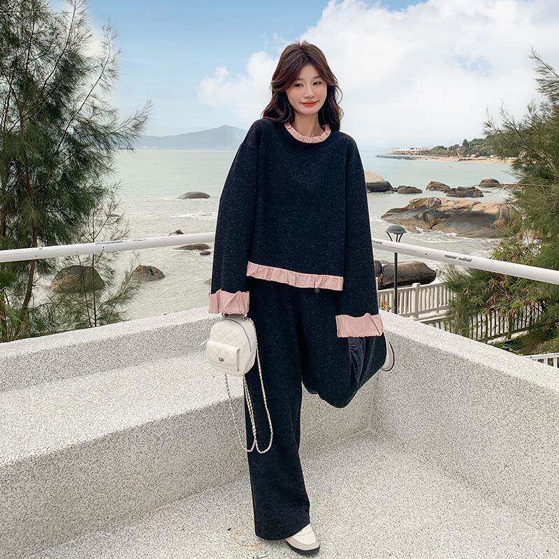 木慵懒风休套装女2ZR2C007 025新款春边秋减龄耳拼接设闲计感阔腿