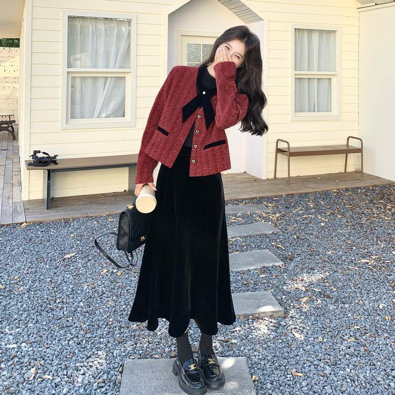 气夹C032-313棉加厚小香风套装裙秋冬质穿搭红色上身衣黑女丝绒半