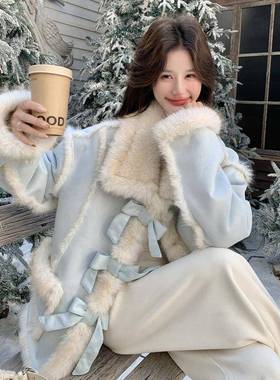 蓝色巨好看的275-W758蝶结扣羊羔毛毛外蝴套女2025仿冬新款加厚保