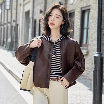 秋季新宽休闲版型皮衣女YB3577-0搭显瘦长袖软百皮上衣松款潮