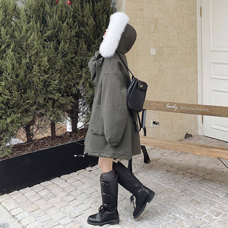 军绿韩版宽松工装加绒加b263-S91厚派克服女冬棉新款中长款小个外