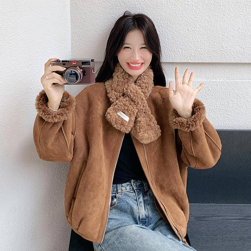 深D113-C99羊咖色羔毛外套女德冬新款美拉古风系围复巾仿皮毛一体