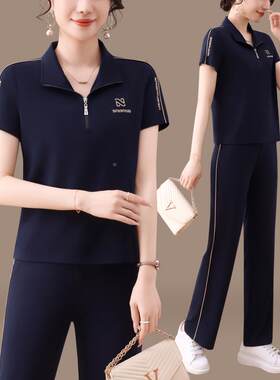 冰丝运动套装长夏装女款时89899412尚修身瘦显翻领短袖裤休闲两新