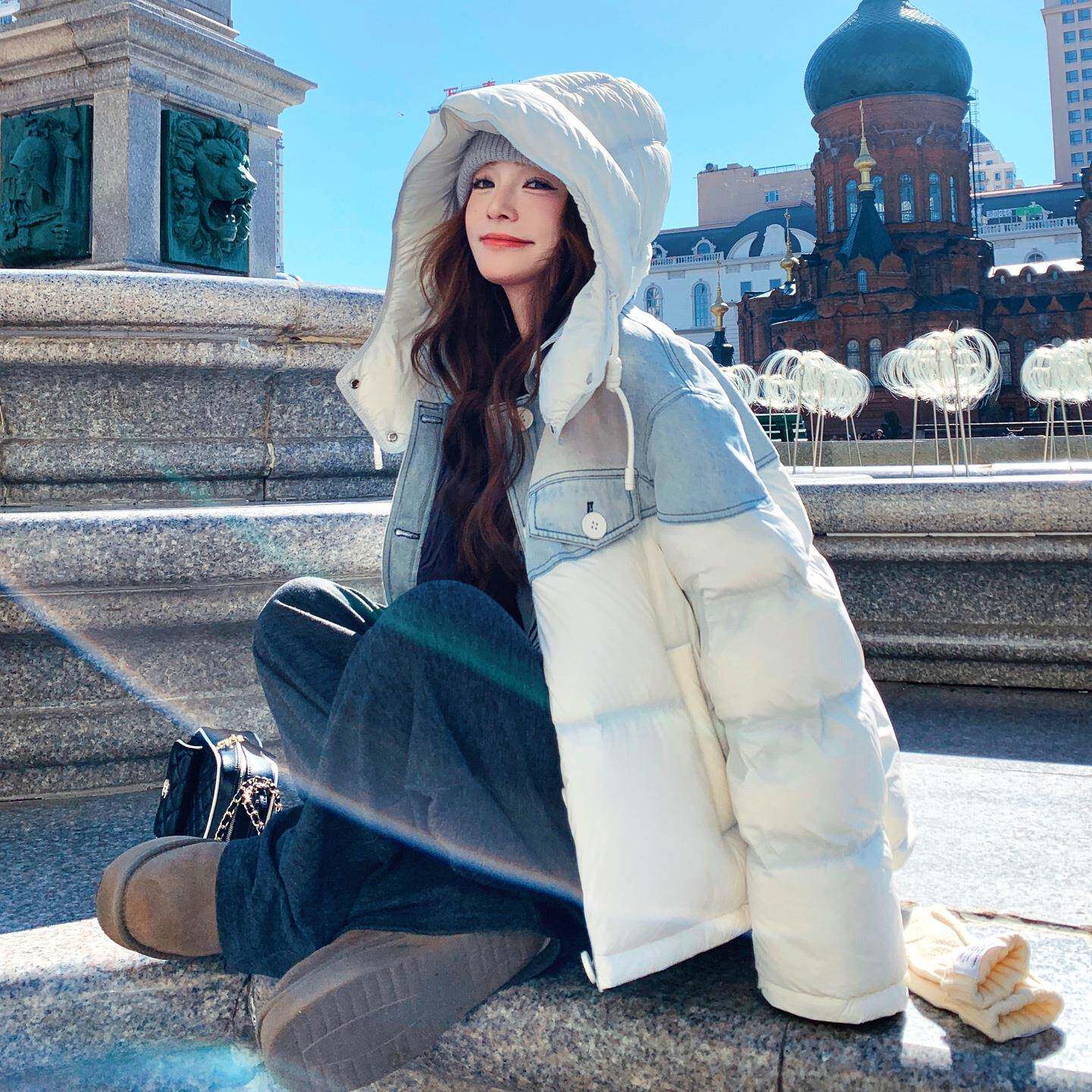 米白色牛新仔拼接羽绒服女920款25冬季款韩版保暖0白C325-561鸭绒