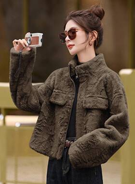 225秋新款上衣高级感慵懒风休外闲皮毛一体短款时尚套 冬0ZHZH265