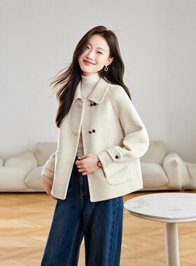 绵羊毛双面极呢毛呢外女2025秋冬新款高ZYI6505K感级翻领小个子呢