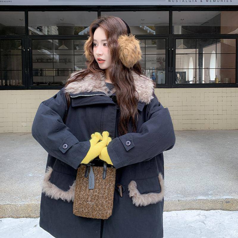 藏色工装小羽服女冬季新款羊羔毛拼接个D034-693绒子中长款加青厚