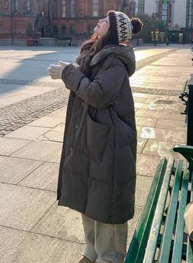 咖色超保厚暖羽绒服中长版款22B143-99025冬季新款韩复古加厚白鸭