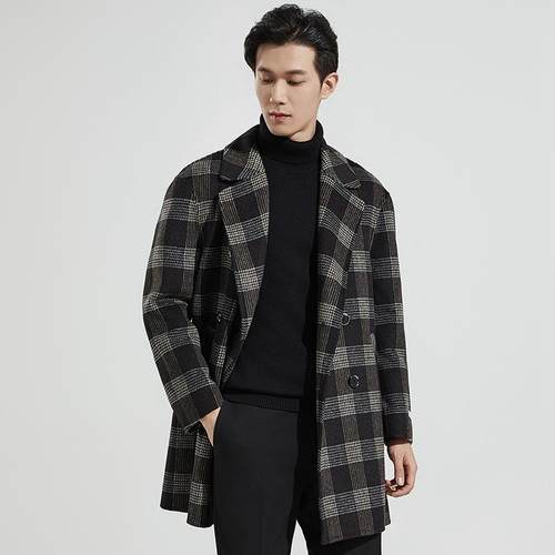 2子02秋冬季男士毛呢大衣韩版黑灰2308-BB4格加中长款羊毛双厚面