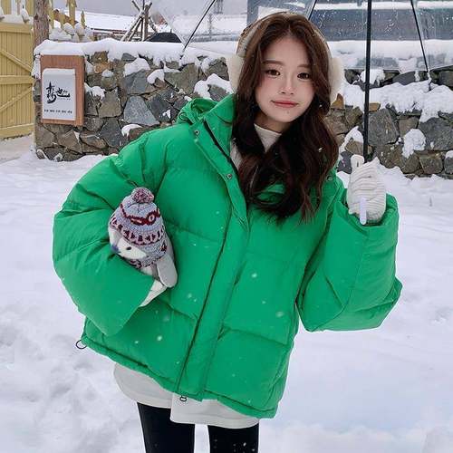 绿色连帽短款泡芙羽绒服女025季冬高级感炸C055-5112街宽松保面包
