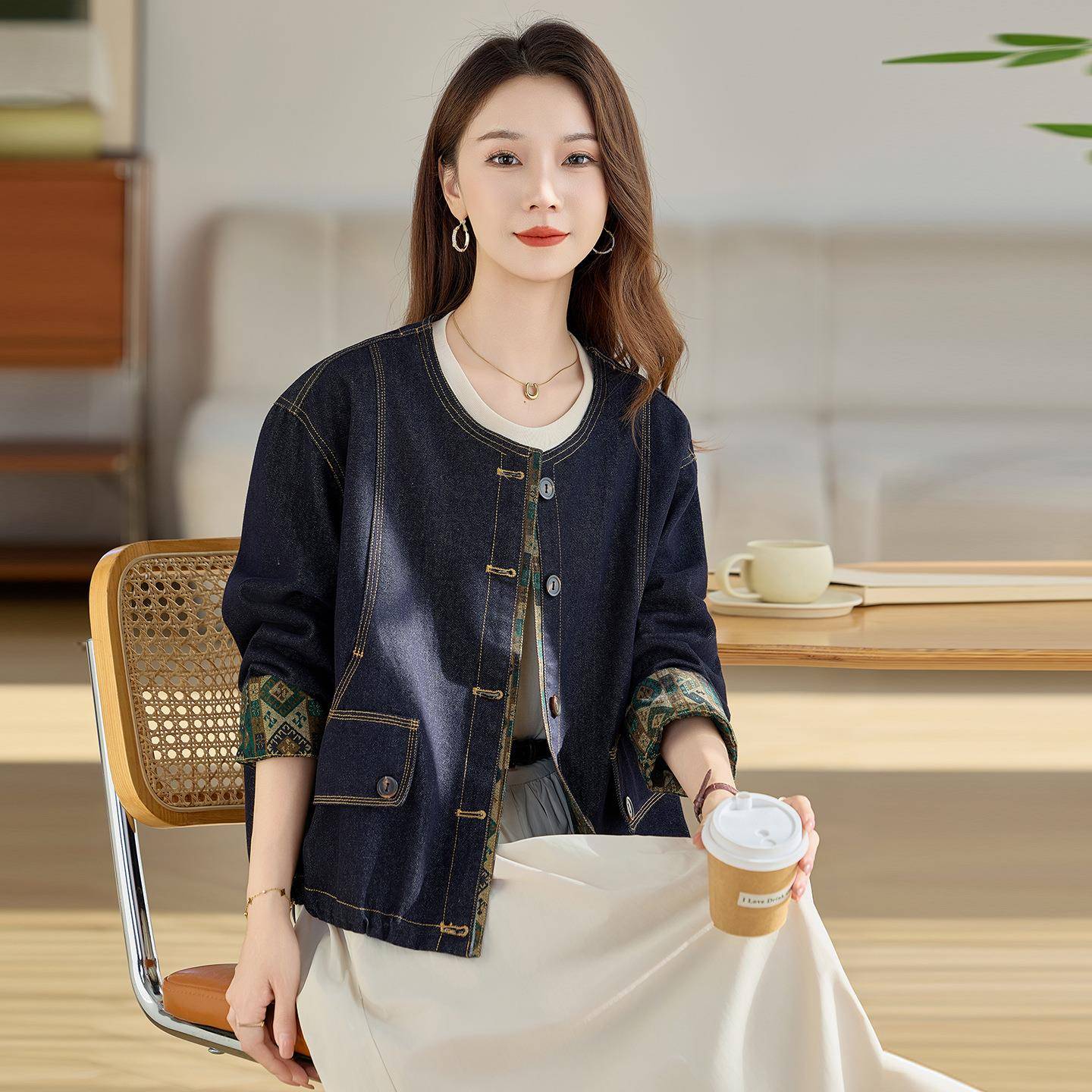 复古印短花YU8960-0牛仔外套女2025季新款9百搭宽松小个子款上秋