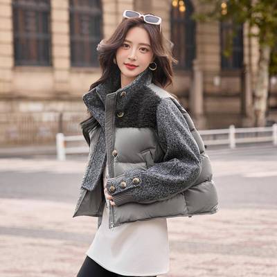 小个子外灰色短款羽绒服女冬2025爆ZYA86855款立领拼接设季计感厚