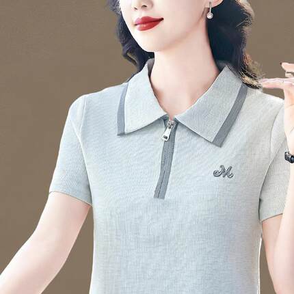 新款女装袖短104-H266衫女单色简约通勤百纯搭翻领恤上衣