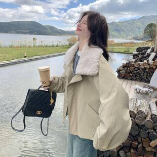 咖色短款羊2羔毛领工装派克羽绒服女冬025款b152-731白鸭绒保暖显