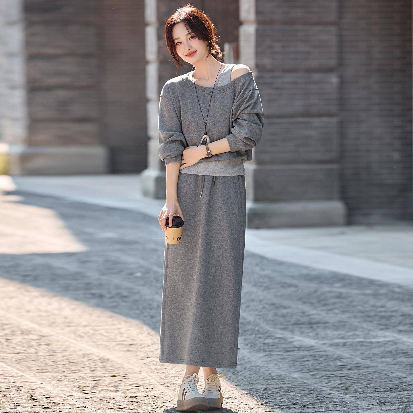 套装女025秋季新款时尚7洋气NS9767-0裙休拼接2假两件上衣半两件