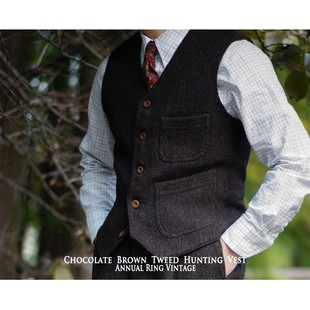 秋冬美式复古纯羊毛粗花呢猎装马甲 商务休闲V字型西服修身男背心