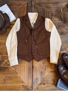 领高档商务背心 粗花呢彩点西装 秋冬复古绅装 风翻领多口袋马夹美式