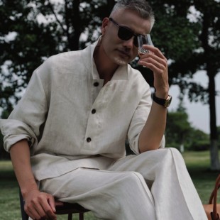 夏季清凉透气麻棉套装休闲时尚水洗麻男士宽松阔腿裤经典套头衬衣