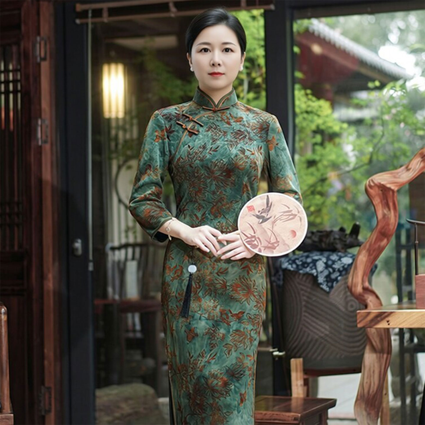 秋冬新长款植绒大码婚宴旗袍裙