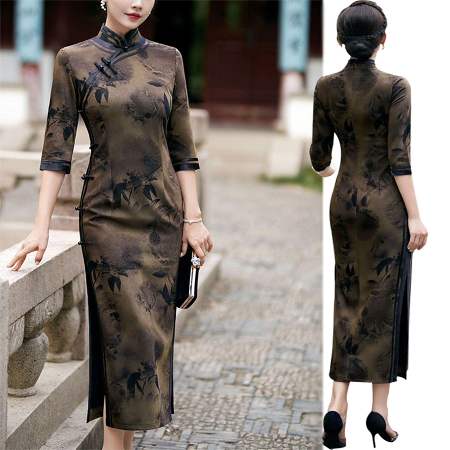 秋冬中长款修身七分袖旗袍连衣裙