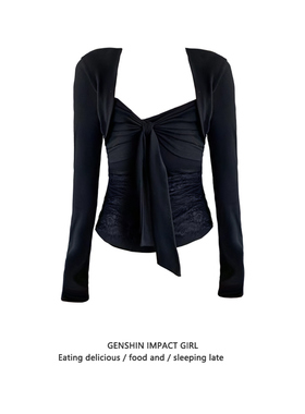 黑色蕾丝拼接纯欲风方领长袖磨毛T恤女秋冬修身收腰辣妹打底上衣