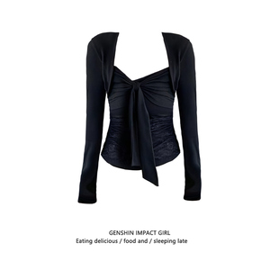 黑色蕾丝拼接纯欲风方领长袖磨毛T恤女秋冬修身收腰辣妹打底上衣