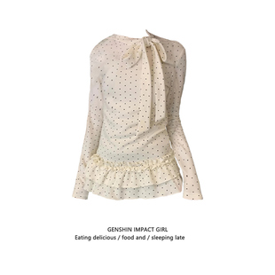 白色蝴蝶结系带波点长袖 花边显瘦打底上衣 t恤女秋冬甜美减龄修身