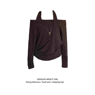 美式 T恤秋季 新款 宽松显瘦设计感休闲百搭上衣 复古挂脖一字肩长袖