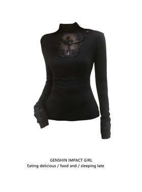 y2k甜辣妹上衣女纯欲风春秋季高领内搭十字架镂空蕾丝打底衫T恤潮