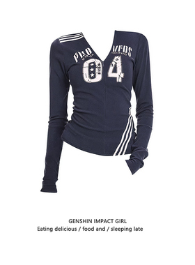 美式复古字母V领开衫打底短上衣女秋季运动风休闲内搭辣妹长袖T恤