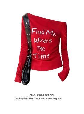 红色斜肩长袖T恤女秋季新款内搭露肩字母印花别致小众辣妹上衣ins