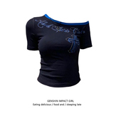 纯欲风斜领短款 莫代尔十字架字母烫钻短袖 修身 新款 上衣 T恤女夏季