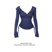 修身 薄款 绝美设计感抽绳上衣服 t恤女早秋季 深蓝色莫代尔连帽长袖