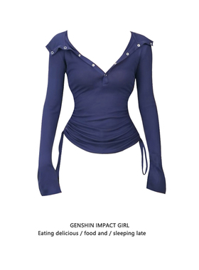 深蓝色莫代尔连帽长袖t恤女早秋季薄款修身绝美设计感抽绳上衣服