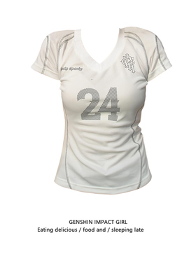 运动风v领数字印花正肩短袖t恤女夏季新款修身显瘦美式辣妹上衣潮