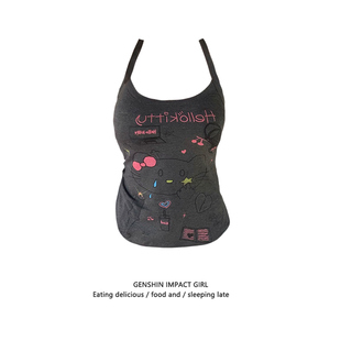 修身 美式 夏季 上衣女新款 显瘦设计感休闲吊带背心 复古卡通印花无袖