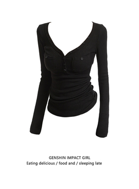 黑色休闲V领修身打底上衣女内搭早秋纯欲风收腰显瘦辣妹长袖T恤