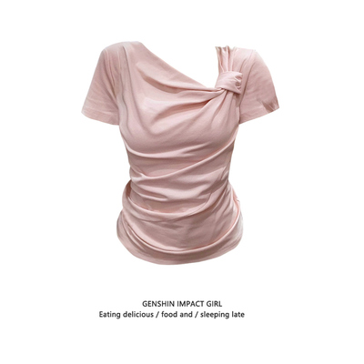 美式辣妹斜肩纯棉扭结短袖女夏季