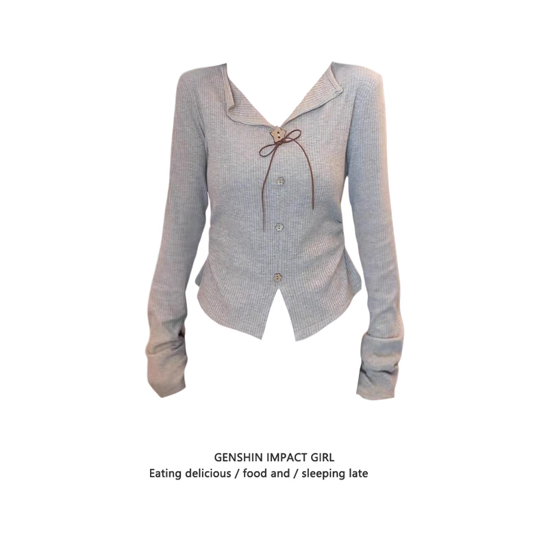 甜辣妹纽扣V领蝴蝶结长袖T恤女秋冬新款时尚洋气修身显瘦百搭上衣