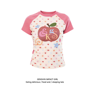 撞色插肩袖 韩版 夏季 T恤女短袖 甜辣妹圆领上衣 多巴胺水果印花短款