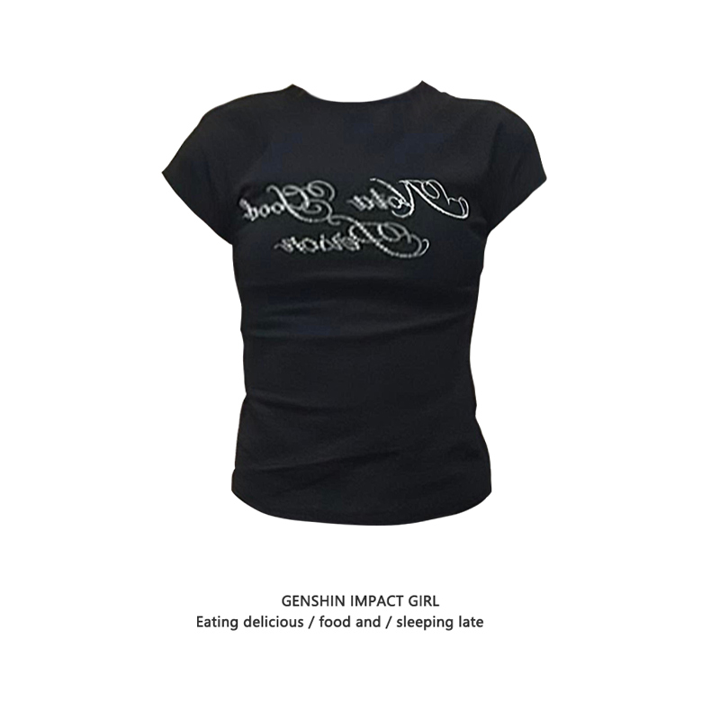 纯欲辣妹黑色烫钻字母短袖t恤女