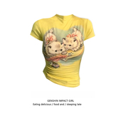 紧身显瘦多巴胺上衣ins 短款 莫代尔辣妹卡通猫咪印花短袖 t恤女夏季