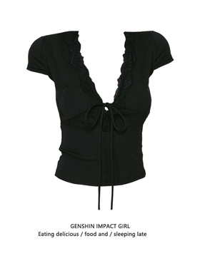 设计感韩系蕾丝拼接V领短袖上衣女2026夏季修身显瘦美式上衣ins潮