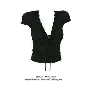 显瘦美式 修身 上衣ins潮 上衣女2026夏季 设计感韩系蕾丝拼接V领短袖