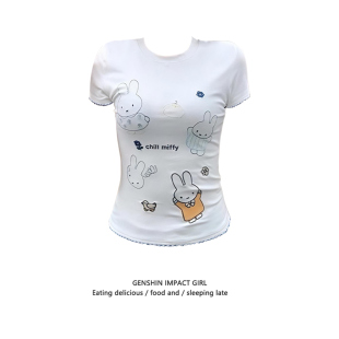 设计感小众上衣ins 修身 白色可爱米菲兔刺绣正肩短袖 女t恤2026夏季