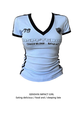 小众复古y2k插肩袖短袖t恤女辣妹修身美式夏季V领纯棉正肩上衣潮