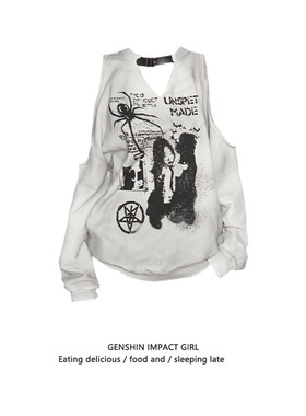 辣妹设计感露肩涂鸦印花长袖卫衣女早秋圆领休闲显瘦宽松做旧上衣